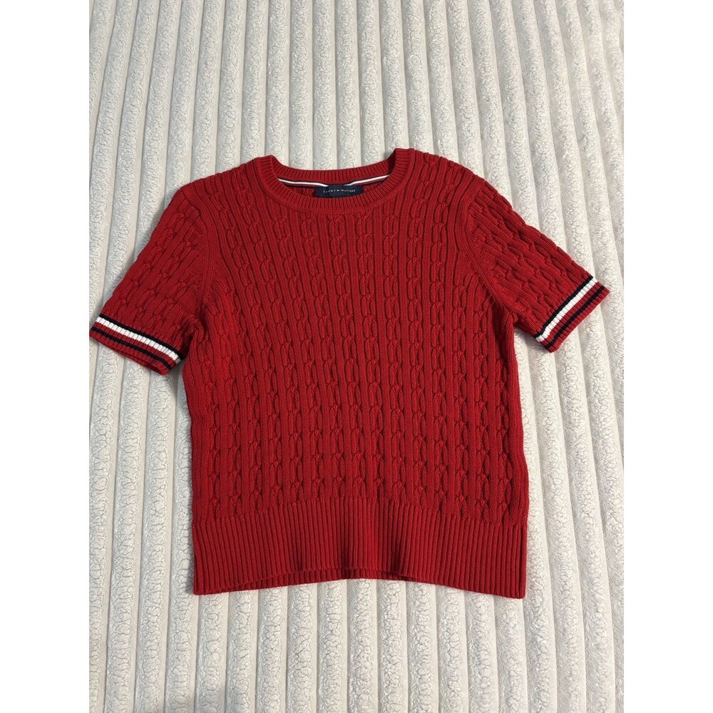 Tommy Hilfiger Women's Size Large Short-sleeve Cable Knit Sweater In Scarlet Red